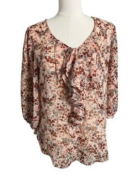 ELLE Blouse Womens Medium Pink Floral Ruffle Chiffon 3/4 Sleeve Top Boho